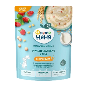 Каша сухая молочная мультизлаковая с земляничным печеньем, кукурузными сердечками и кусочками земляники